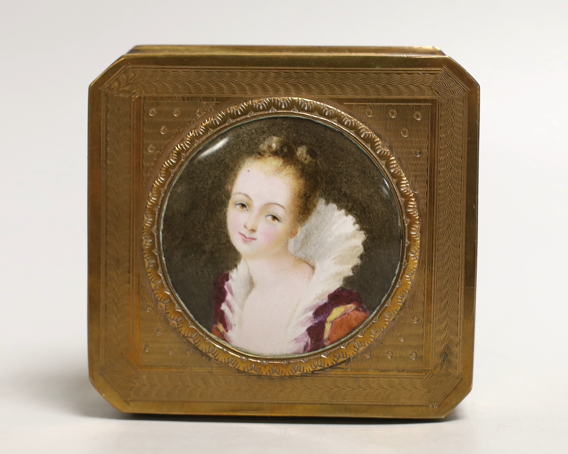 A late 19th century French gilt metal and enamel box, 8.5cm wide